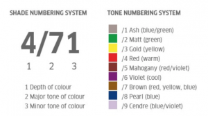 A chart with numbers starting with /1 and ending with /9 each denoting a tone colour for hair dying